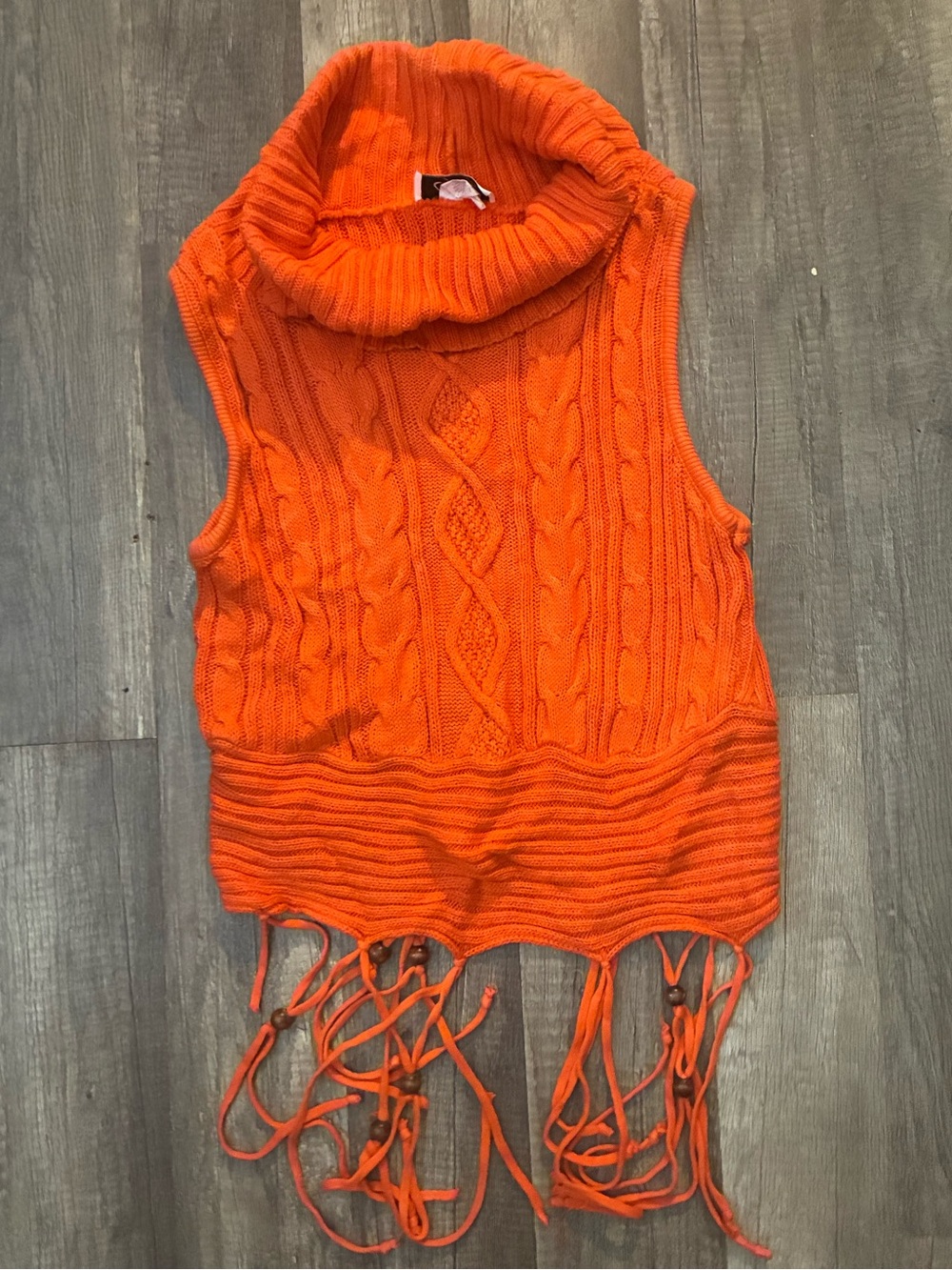 Chesley Orange Cable-Knit Sleeveless Cowl Neck Sweater with Fringe